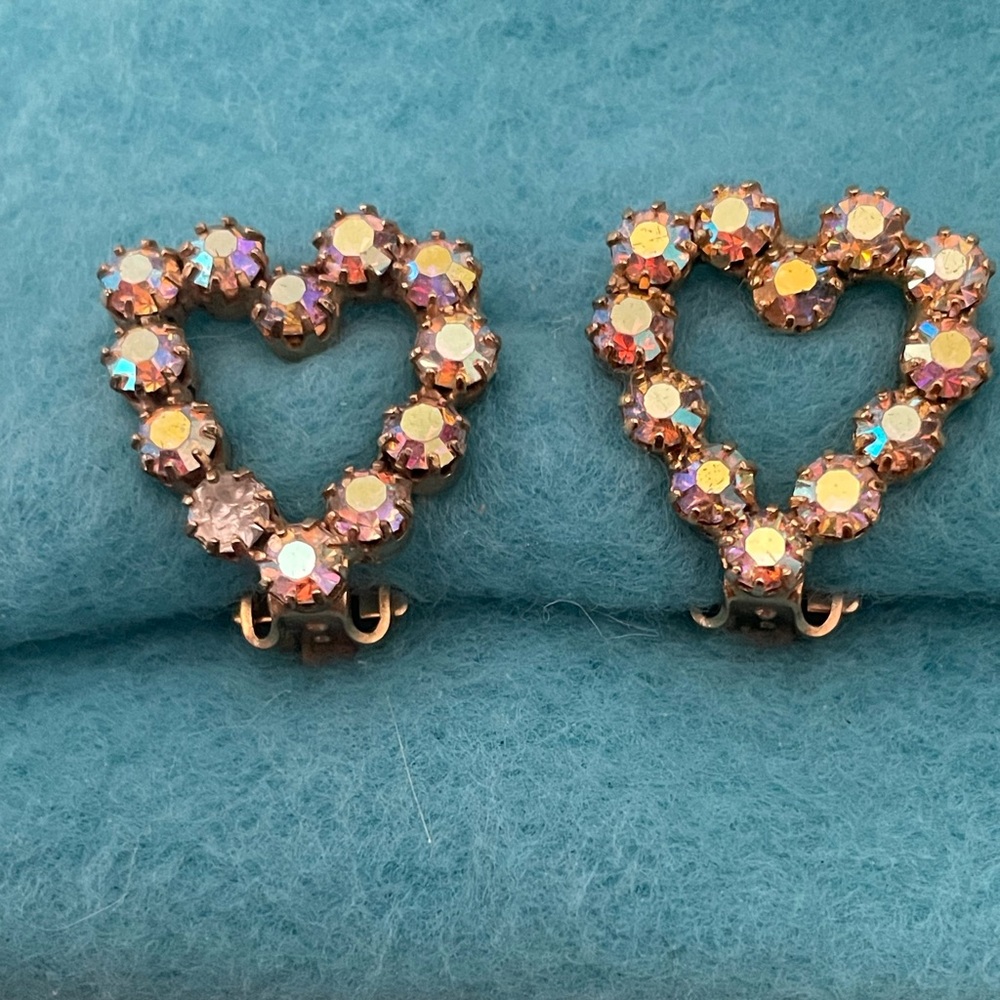 Stunning Vintage AB Crystal Heart Earrings